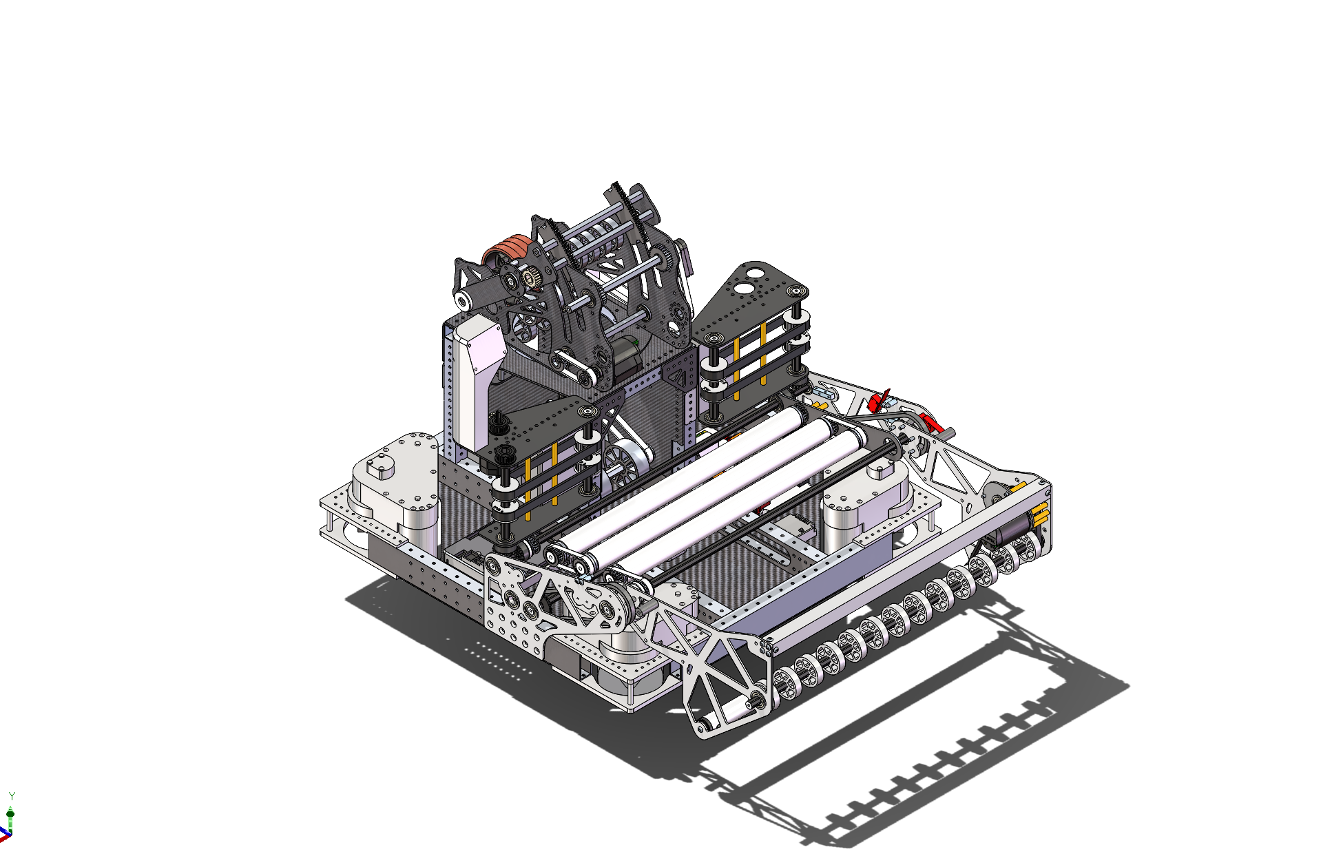 Original CAD screenshot of Justin Yin's FRC robot assembly, viewed from the front and side.